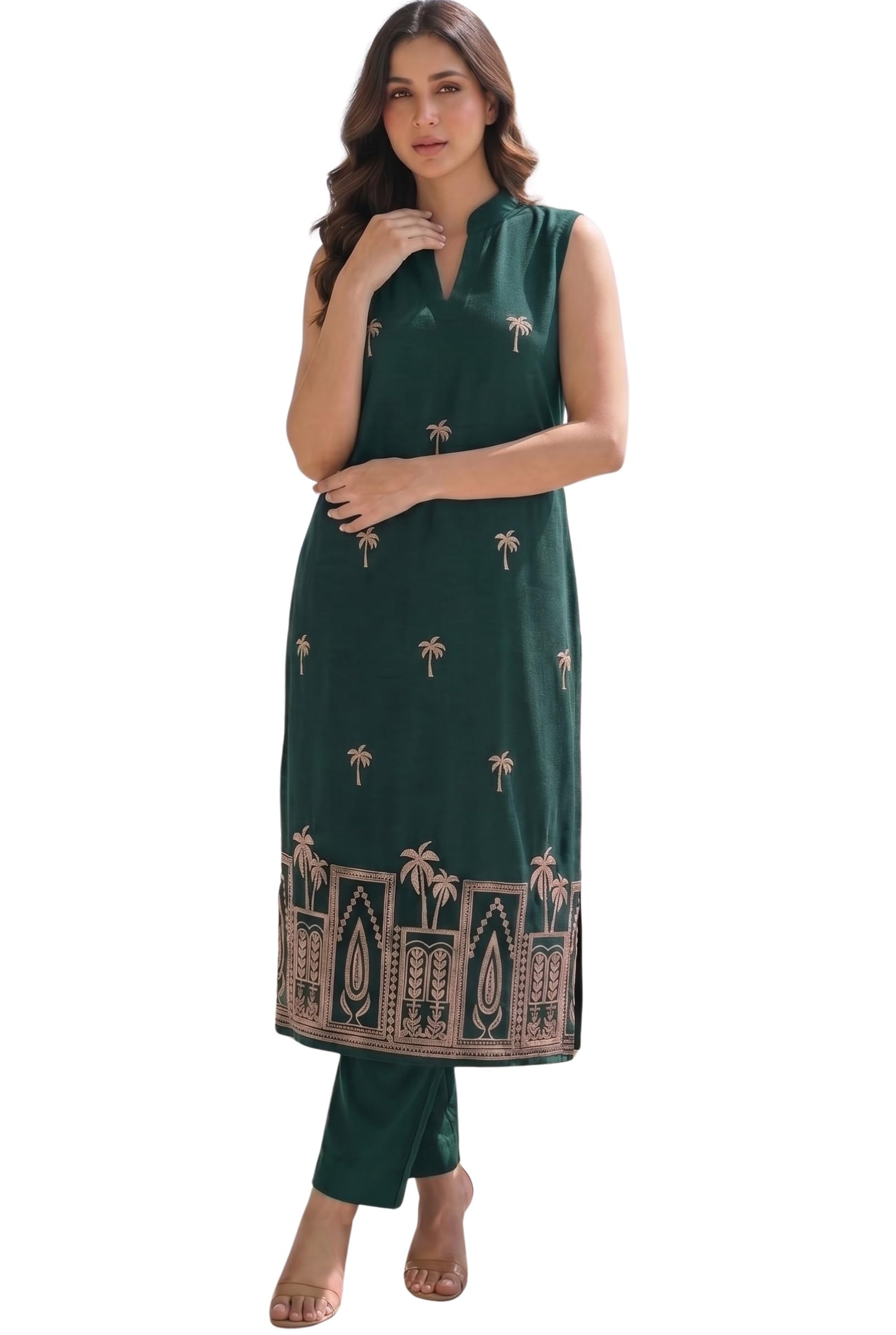 Midnight Oasis Gilded Palm Sleeveless Kurta Set-image-41