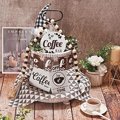 Donmills 12 Pieces Coffee Tiered Tray Decor Signs Set Coffee Bar 3D Raised Wood Block Signs Bead Garland and Eucalyptus Farmhouse Decoration for Tray, Coffee Bar, Coffee Station, Shelf, Mantel Cover