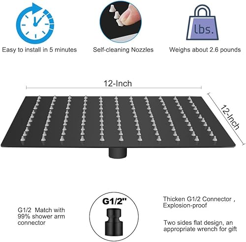 Miniatura 10 de Cabezal de ducha de lluvia con brazo de extensión ajustable de 11 pulgadas, cabezal de ducha cuadrado grande de acero inoxidable de alto flujo