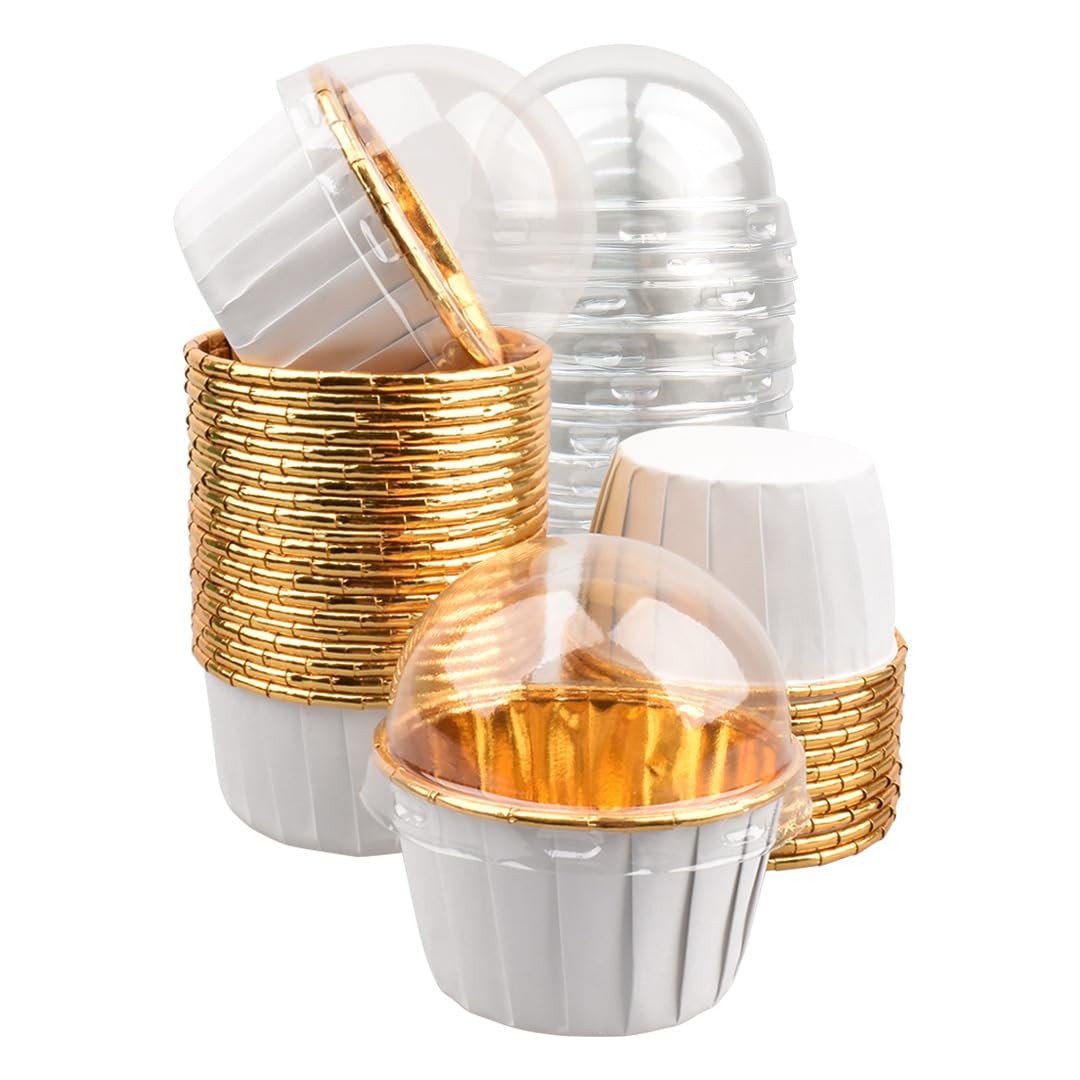 namowCupcake Liners with Lids 50Pack, 3.5Oz Mini Foil Baking Cups Muffin Liners, Disposable Ramekins Cupcake Tins Cupcake Wrappers for Wedding Birthday Party (White+gold)