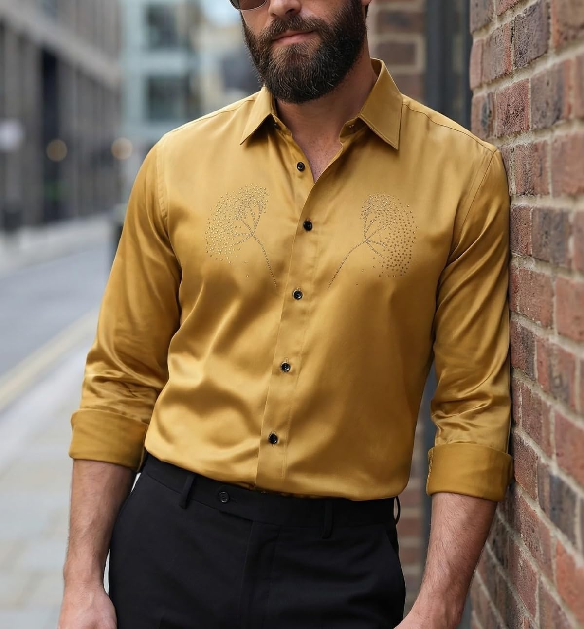 IndoPrimo Elegante camisa de satén para hombre, corte normal, estilo casual, estilo de diseñador, trabajo de piedra, fiesta, manga formal