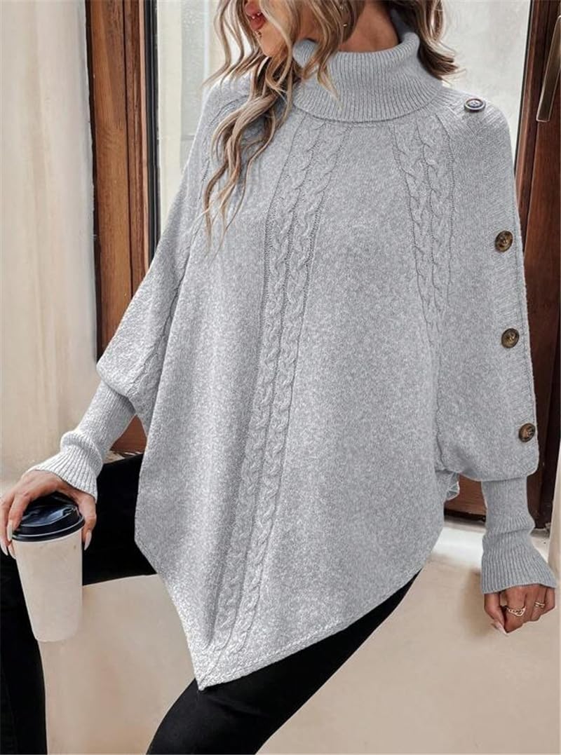 Poncho De Mujer Suéter Tipo Poncho De Punto Para Mujer Con Patrón De Cable Cuello Vuelto Plegado Botones Jersey Holgado Con Mangas De Murciélago Chal Suéteres Prendas De Punto Cálida