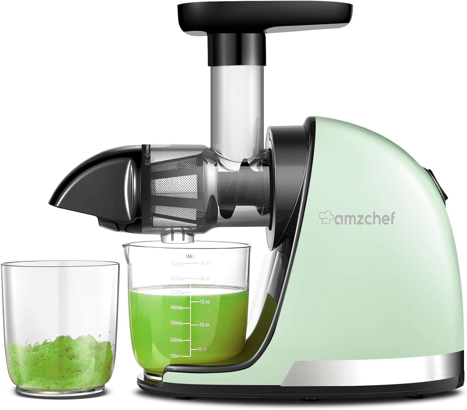 AMZCHEF Juicer Vegetable and Fruit - Juicer Slow Juicer with Reverse Chewing Function - Delicate Chopping without Filtering - Electric with Brush and 2 Cups - Green