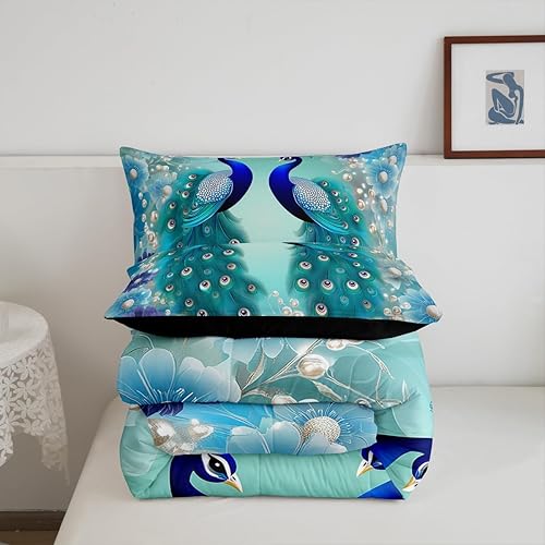 Miniatura 5 de Juego de edredón de pavo real, edredón bohemio de plumón exótico, pájaros exóticos, juegos de ropa de cama de plumas azul marino, verde azulado,