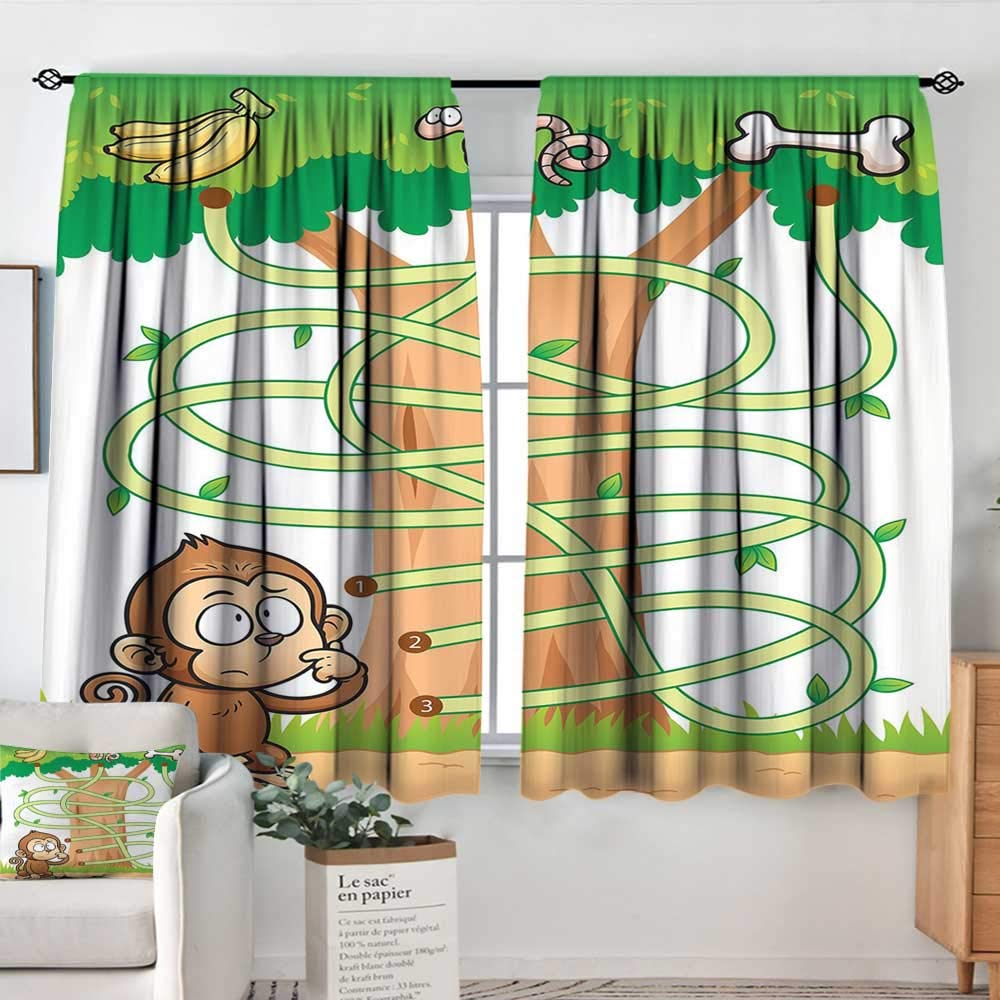 Elliot Dorothy Blackout Curtains for Bedroom Kids Activity,Curious Monkey Trying to Reach The Banana Maze Design Pathway Funky Forest,Multicolor,Darkening and Thermal Insulating Draperies 63"x72"