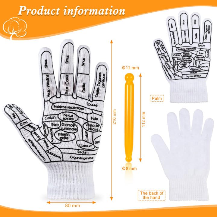 Vspek 2 Pairs Acupressure Reflexology Gloves Set Reflexology Tools Hand Massage with Point Massager with Massage Tool, Hand Spa Reflexology Gloves for Women Tired Relieve, White