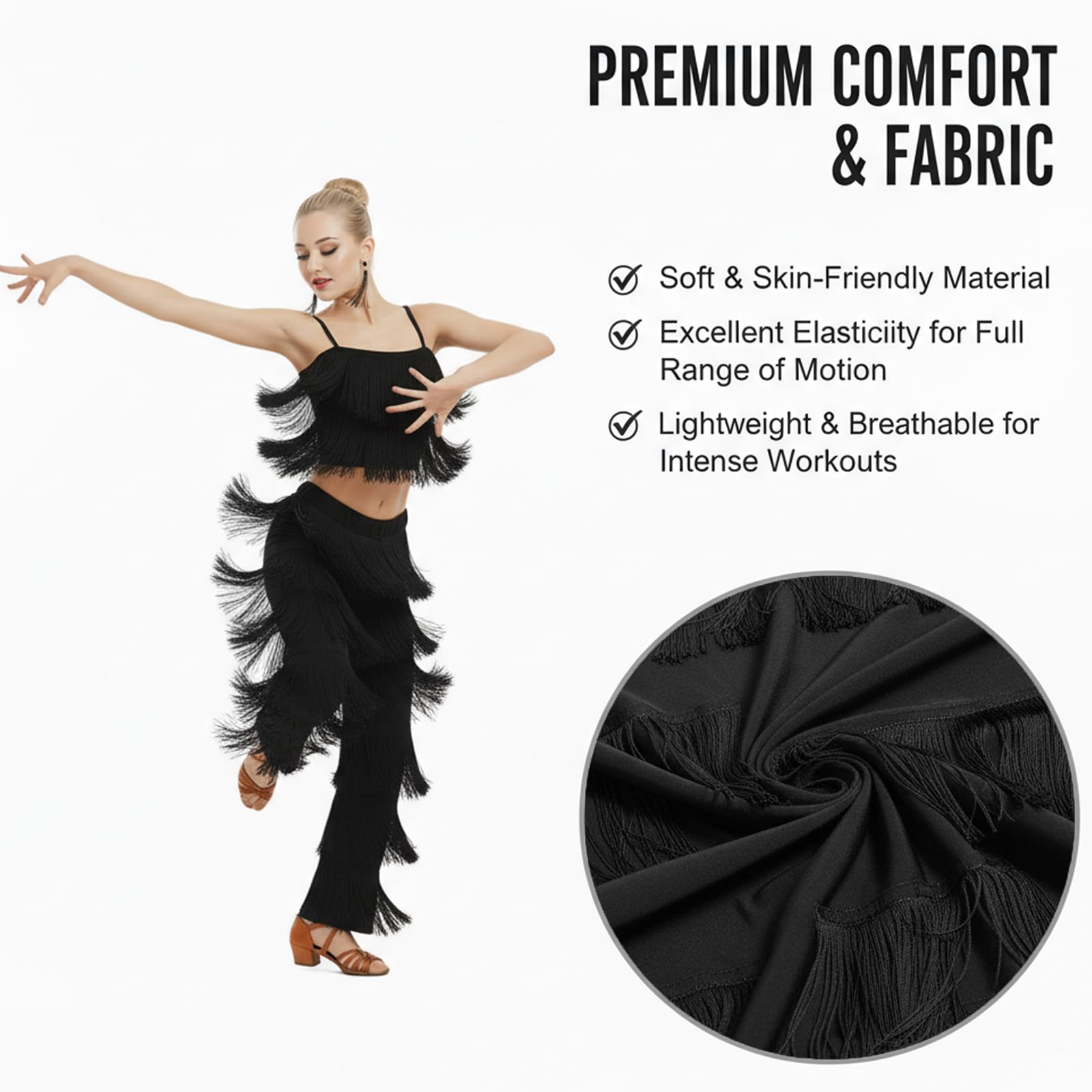 Conjunto Flecos Baile Mujer Top y Pantalón Largo 2 Piezas Ropa de Baile para Salsa Latina Bachata