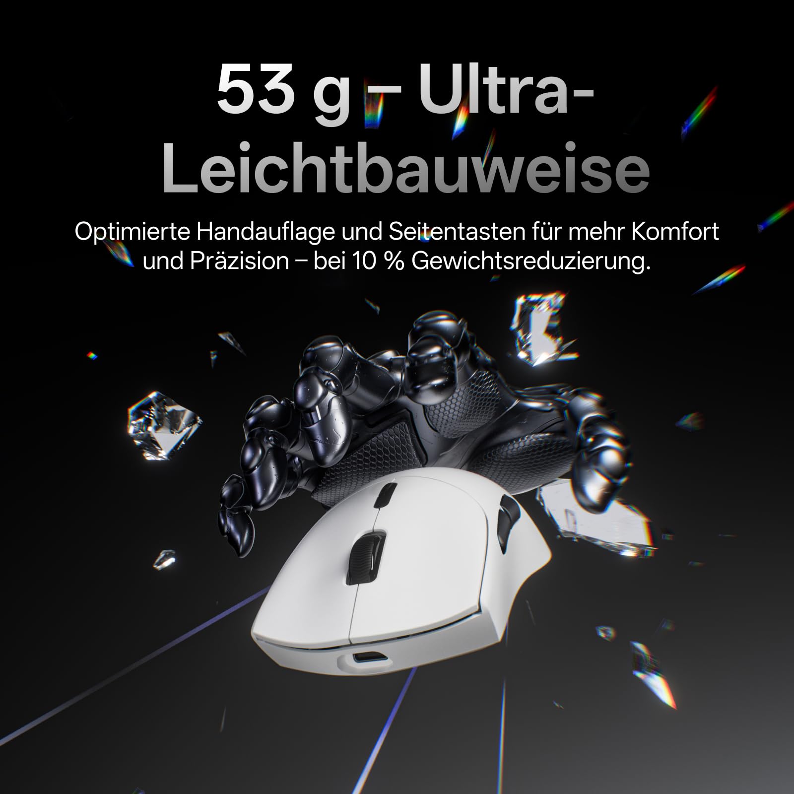 Rapoo VT7 - Mouse da gioco wireless, 53 g, ultraleggero, nativo 8000 Hz, Nordic | nRF54L15 MCU, batteria 750h, PAW3398 26K DPI, 10 pulsanti programmabili, design simmetrico, compatibile con PC e Mac, bianco