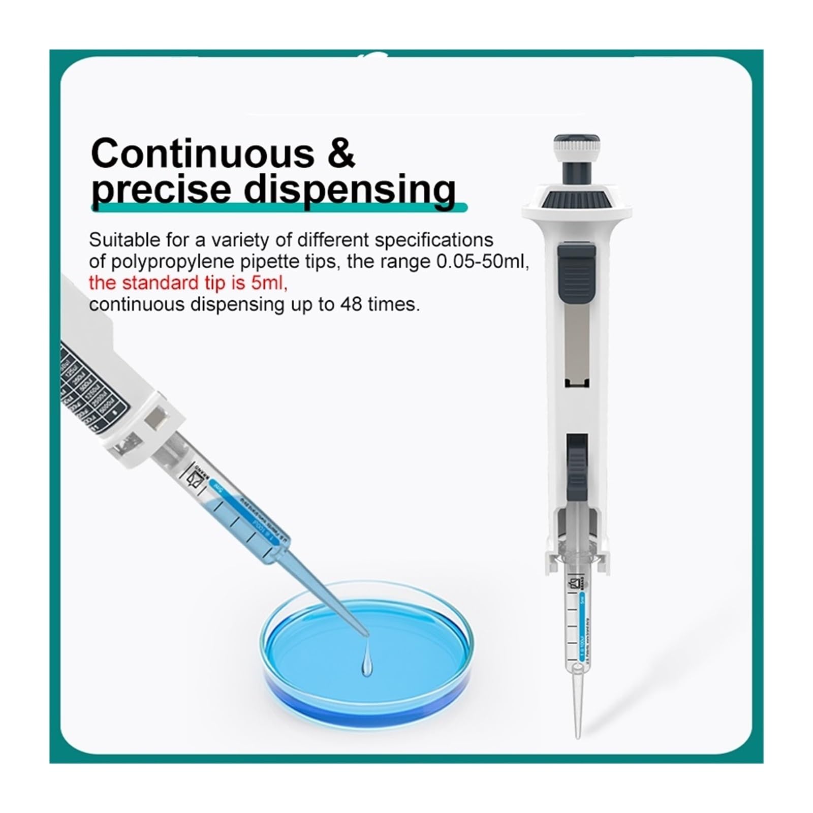 Pipeta, Pipeta de laboratorio dosificadora continua ajustable manual con punta 5 ml