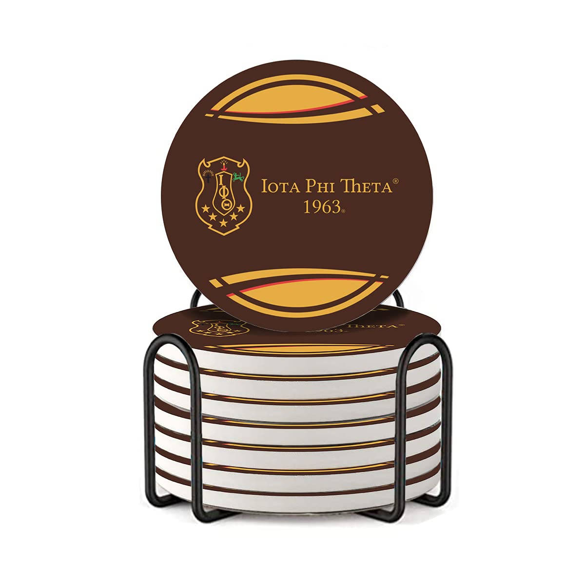 Iota Phi Theta Fraternity Coasters for Drinks Made of Ceramic for The Coffee Table, A Sturdy Cork Base Absorbent Coaster with A Metal Holder (Iota Phi Theta) (Set of 8)
