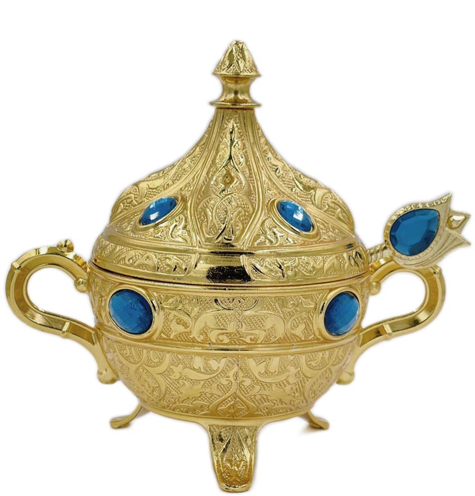 Modefa Kitchen & Dining Turkish Tea Sugar Bowl - Turkish Style Engraved - Round with Colored Oval Stones (Gold/Blue)
