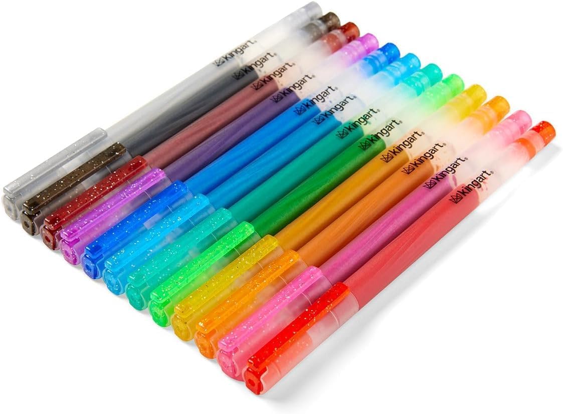 KINGART 407-12A Gel Pens, Set of 12 Glitter Colors | 50% More Ink Capacity, Smooth Glitter Flow, Acid-Free & Non-Toxic, Ideal For Coloring Books, Scrapbooking & Doodling