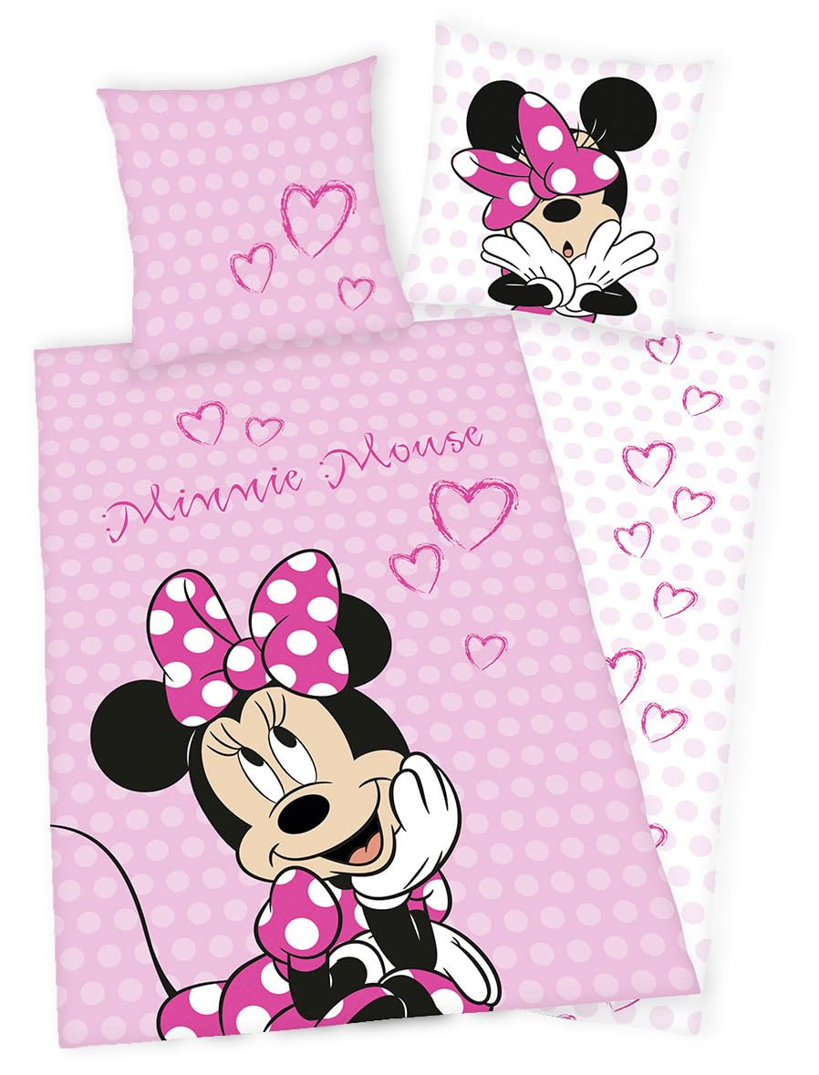 Disney Minnie Mouse biancheria da letto 80 x 80 + 135 x 200 cm, 100% cotone con chiusura lampo