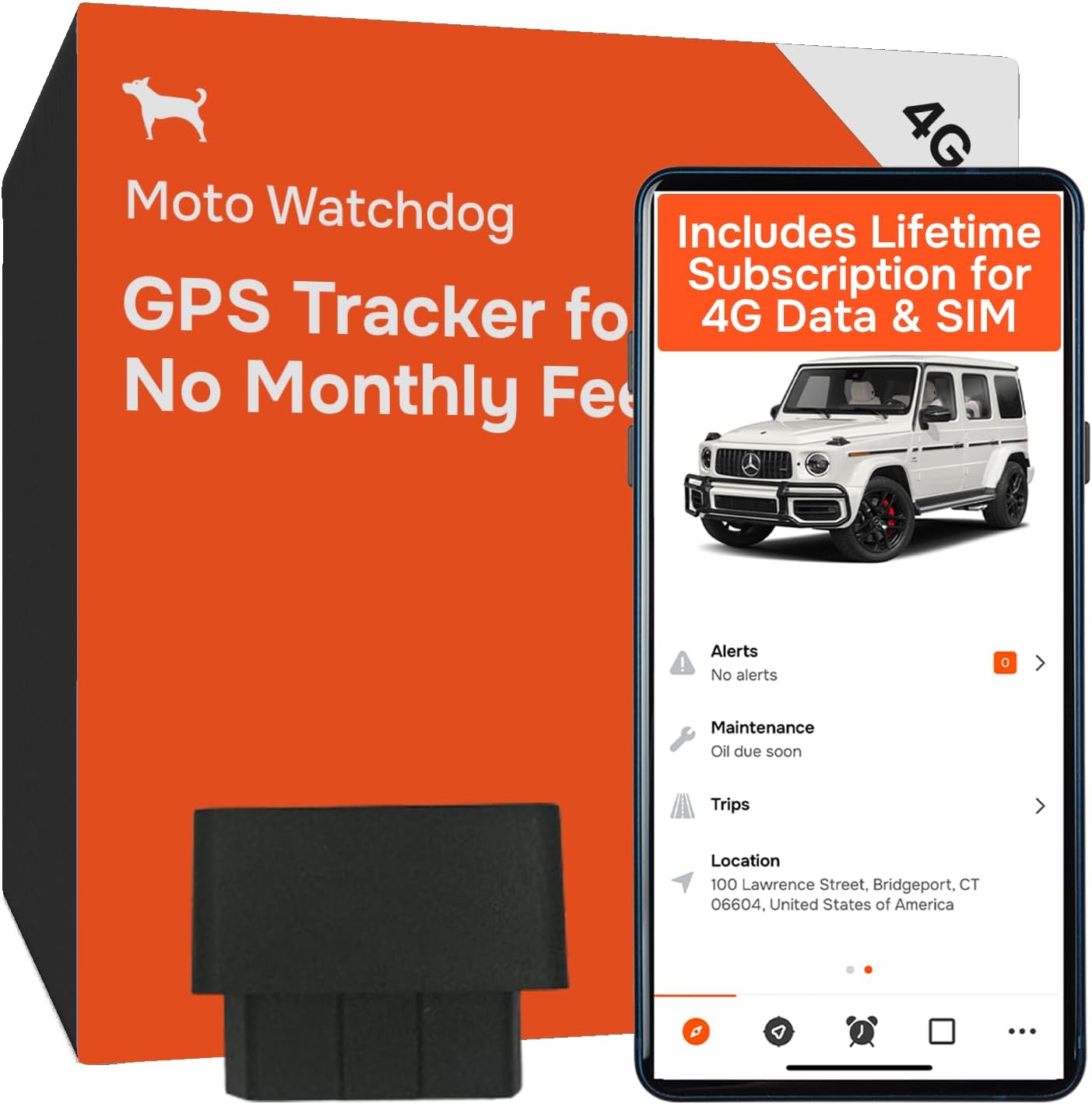 GPS Tracker for Vehicles No Monthly Fee, No Subscription, SIM and Data Included, Vehicle Location, Trip History, Driving Alerts, Geofence, OBD, USA Developed, 4G, Moto Watchdog