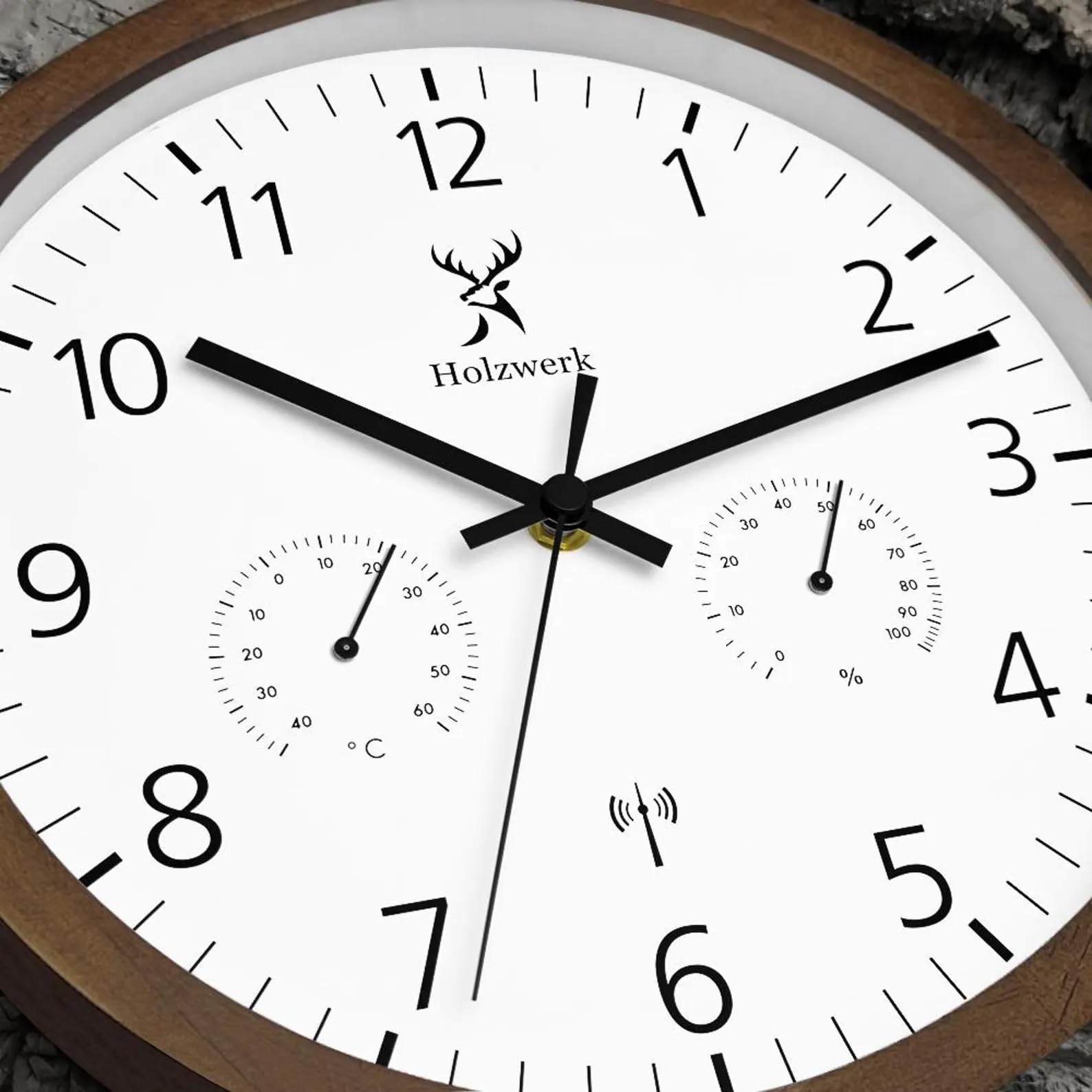 Holzwerk WEGBERG - Orologio da parete radiocomandato con indicatore di temperatura e igrometro Umidità, termometro, orologio in legno, movimento silenzioso, senza ticchettio, marrone, bianco, in legno