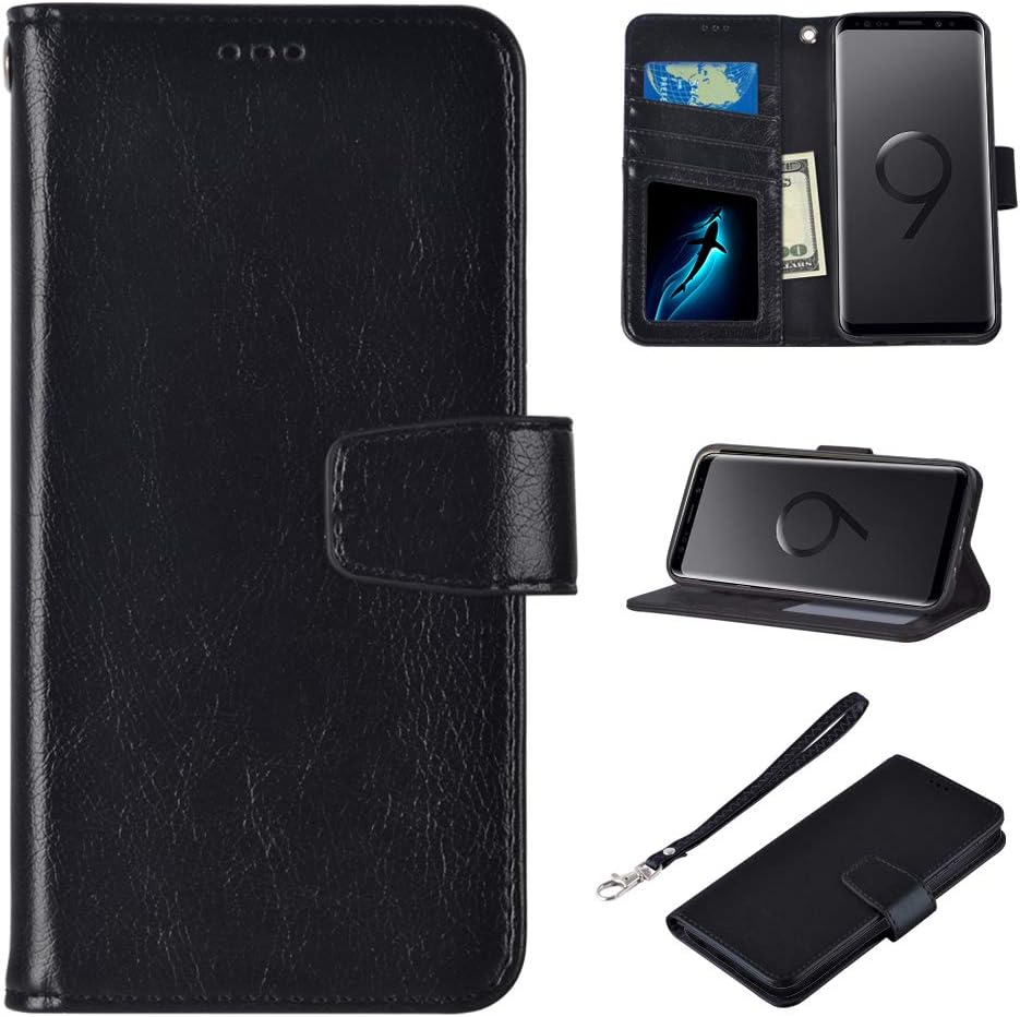 UrSpeedtekLive Galaxy S9 Wallet Case, Premium PU Leather Flip Folio Case Cover w/Card Slots, Cash Pocket, Kickstand, Wrist Strap Compatible with Samsung Galaxy S9 (2018)- Black