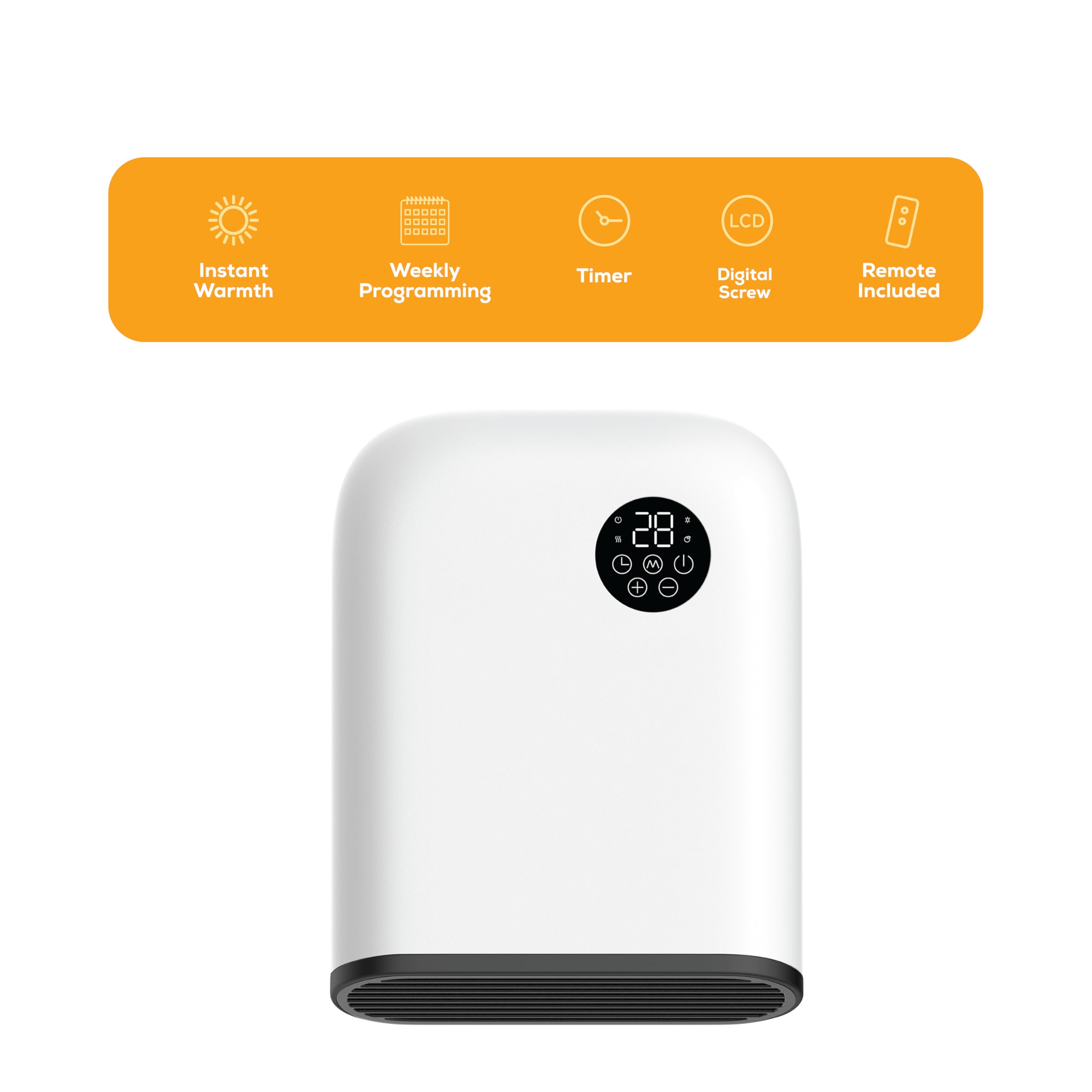 TCP - Riscaldatore a parete - 2 kW, riscaldamento istantaneo, programmazione settimanale, riscaldamento rapido, rilevamento di finestre aperte, montaggio a parete, telecomando, touch screen digitale