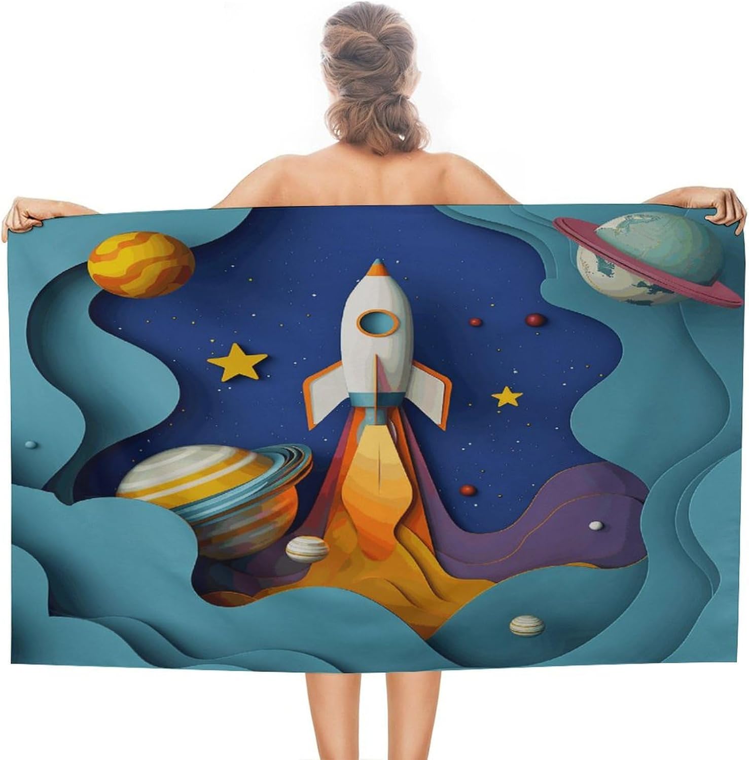 Swimming Towel, Paper Cut Rocket Printed Fashion Towel,Portable Towel,Durable Towel