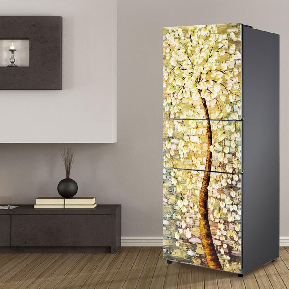 Fridge Stickers, Fridge Sticker Full Covering Door Covers Decor, Freezer Skins Wall Stickers for Kitchen Decal, Golden Leaves Tree(S: 60x150 cm)