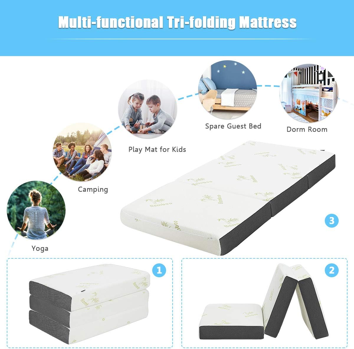 Giantex 6 Inch Tri Folding Memory Foam Mattress w/Case, Soft Removable Bamboo Cover, Used as Fold Up Guest Bed & Camp Cot, Multifunctional Mattress for Sleep Comfort (Queen Size)