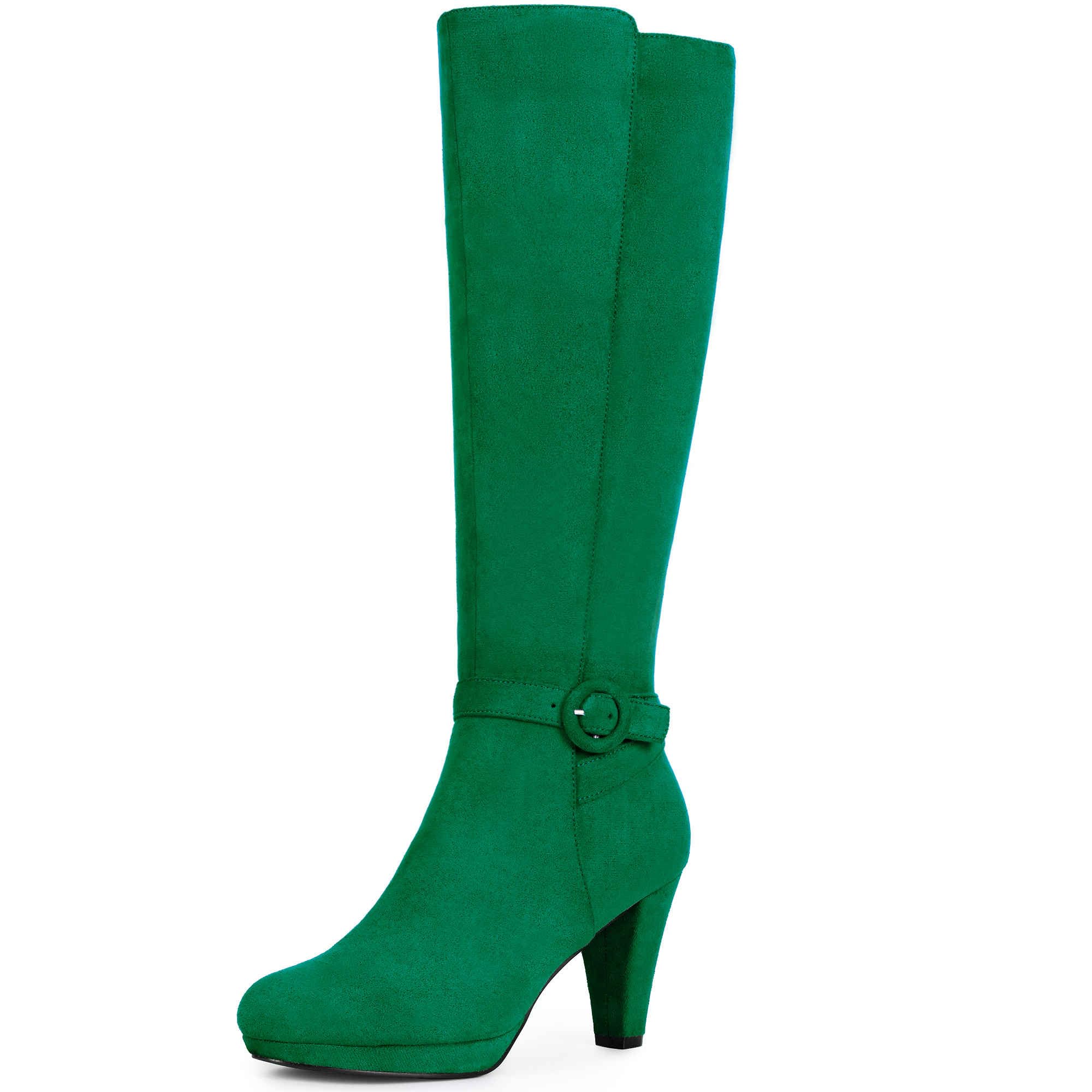 Perphy Low Platform Chunky Heels Buckle Knee High Boots for Women