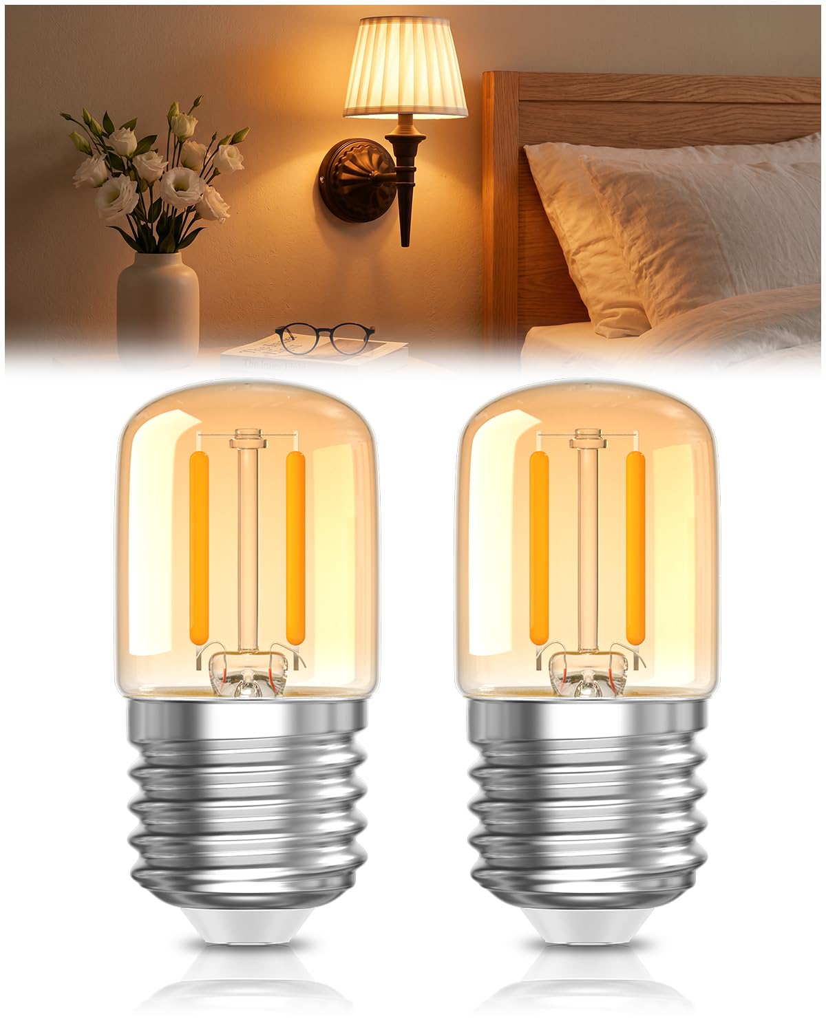 Klarlight Dimmable E27 LED Screw Bulb 2W Night Light Bulb 2200K Amber Warm, 15W Pygmy Bulb Replacement, 230V, T28 Low Watt Light Bulbs for Bedside Lamp, Table lamp, Desk Lamp, 2-Pack