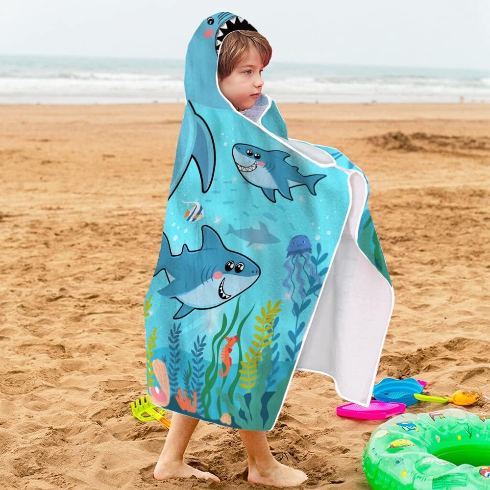 Bonsai Tree Toalla de playa con capucha de tiburón para niños, toalla de baño con capucha para niños, divertidos animales marinos de microfibra, súper absorbente, suave, poncho para piscina de cerdos