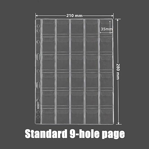 Vista 4 de Páginas de monedas de 30 bolsillos para coleccionistas, páginas estándar de colección de monedas de 9 agujeros, 10 hojas de fundas para monedas