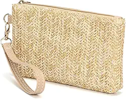Bolsa clutch feminina de palha de verão para praia com zíper