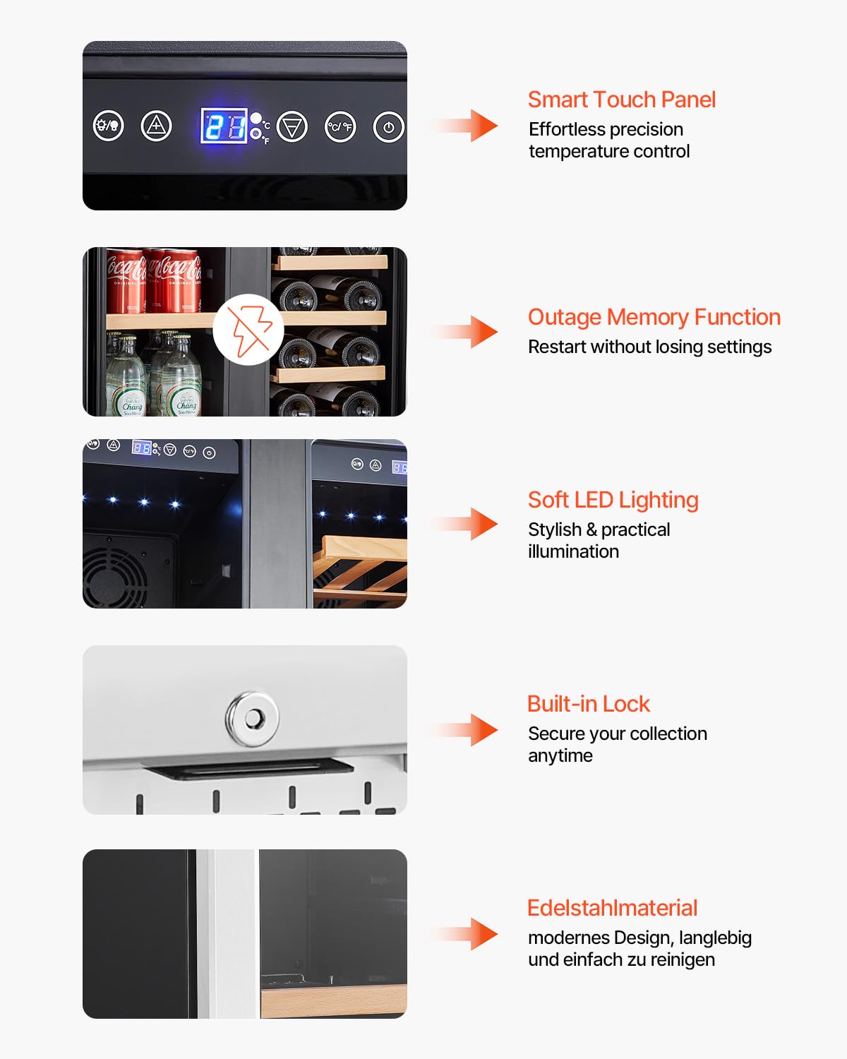 VEVOR Wine And Beverage Refrigerator, 24 In Dual Zone Wine Cooler, Built-In & Freestanding Fridge With Glass Doors, Adjustable Shelves, Digital Temperature Control, 64 Cans And 20 Bottles Capacity on Fridge.com - View 6