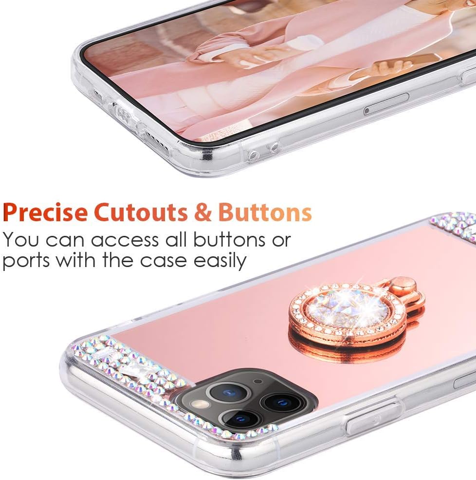 Caka Ring Case for iPhone 11 Pro Max Mirror Glitter Case with Ring Holder Kickstand Diamond Bling Rhinestone Crystal Girls Women Protective Case for iPhone 11 Pro Max (6.5 inch)(Rose Gold)