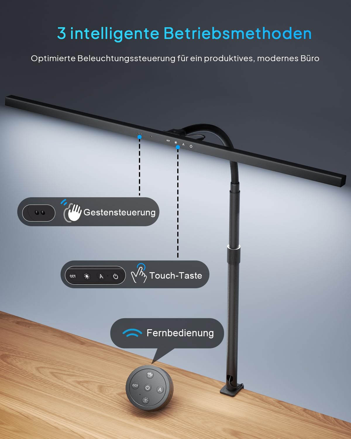 KableRika 24W Lampada da scrivania a LED per ufficio, lampada da scrivania con morsetto, telecomando e sensore gestuale, luce da scrivania di design dimmerabile, lo studio e l'illuminazione di casa