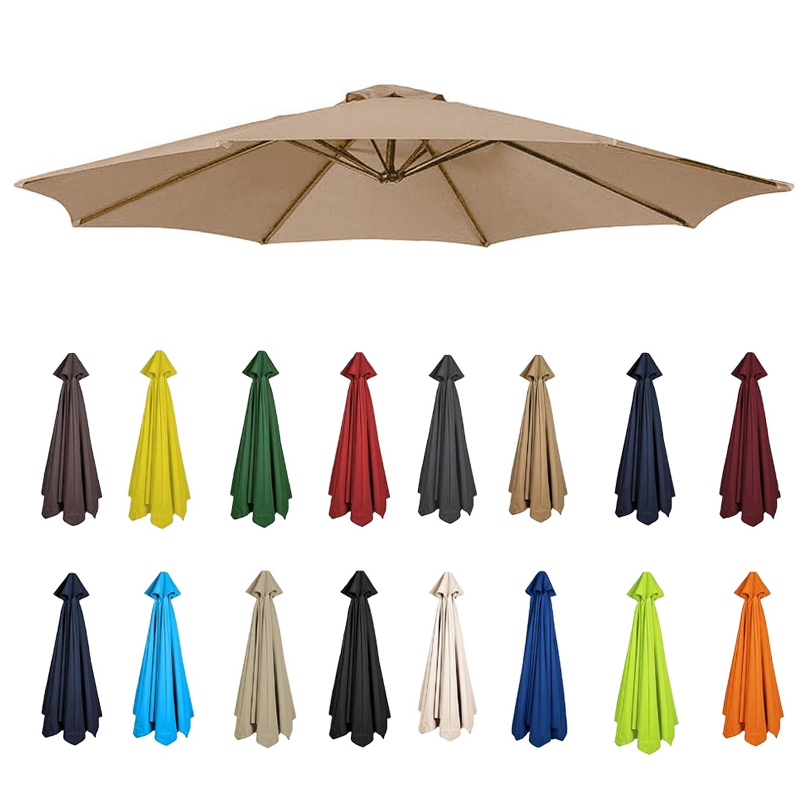 Replacement Garden Parasol Canvas, 2/2.3/2.5/2.7/3/3.50m Umbrella Replacement Canopy, Replacement Canopy Top For 6/8 Ribs(Khaki,8 RIBS-300CM)