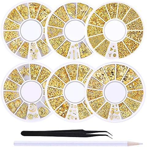 WOKOTO 6 Boxes Gold Metal Nail Studs Rose Star Moon Feather Nail Charm Kit 3D Nail Art Jewelry Decoration With 1Pc Tweezers And Picker Pencil Cover