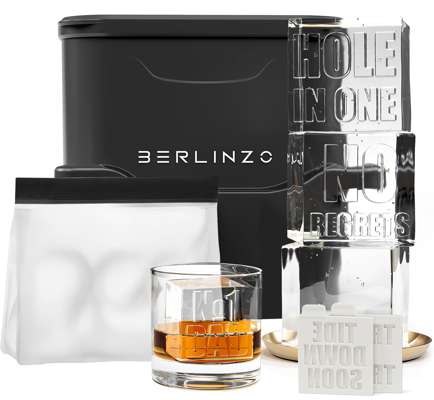 Berlinzo Premium Clear Ice Cube Maker with Conversation Ice Prints – 2 Large 2.1" Crystal Clear Ice Squares – Giftable Idea for Party, Game Night & Just for Fun – Includes Storage Bag (Non-Electric)