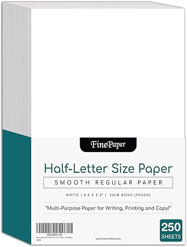 Hojas de tamaño media carta: papel de copia de 8.5 x 5.5 pulgadas, hojas de notas blancas, papel grueso de 24 libras, 250 hojas por paquete (8.5 x