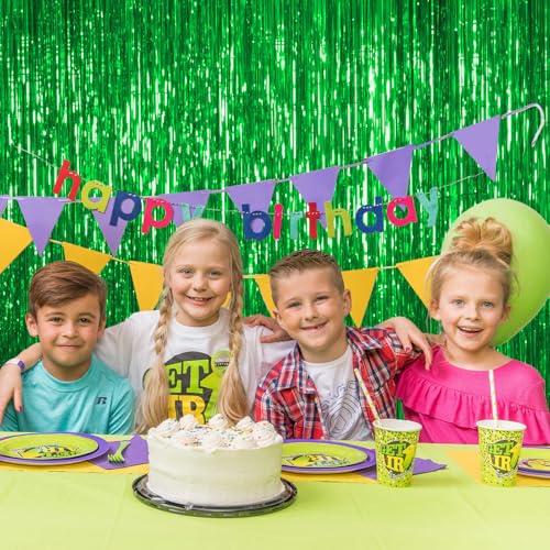 Image of Thicken Green Streamers 2 Pack 3.2 x 8.2 FT, Tinsel Backdrop Curtains, Foil Fringe Photo Backdrop for Dinosaur Birthday, Football, Jungle, Christmas, Golf Party Decorations