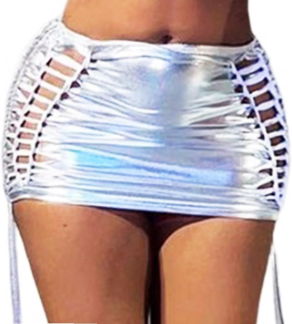 EVILD Silver Metallic Sexy Skirt Mini Micro Club Skirt Rave Outfits for Women
