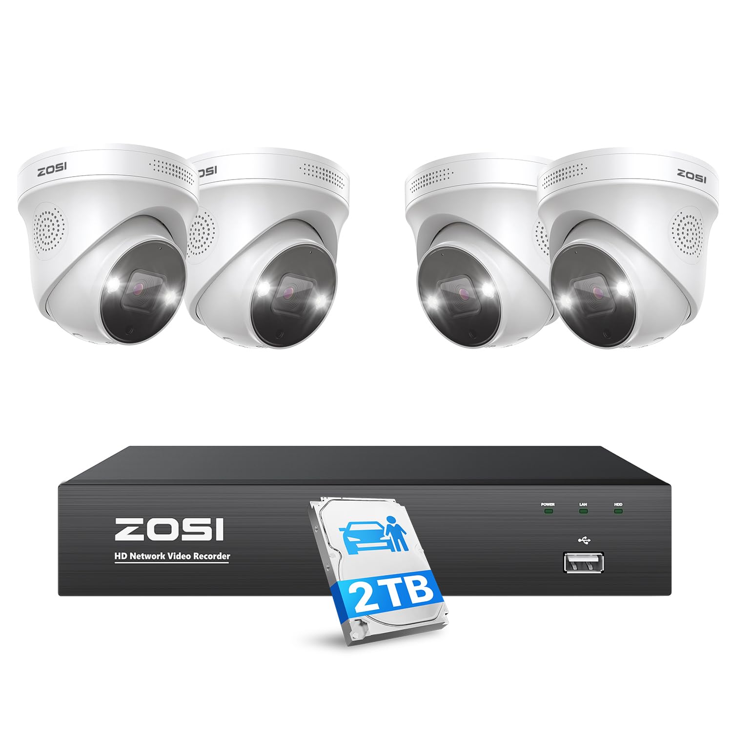 ZOSI 4K Spotlight PoE Security Camera System with Person Vehicle Detection,2 Way Audio,Color Night Vision,8 Port 16CH 8MP NVR with 2TB HDD,4pcs 5MP Outdoor PoE IP Cameras for Home 24/7 Recording 5MP-16CH+4Cam+2TB