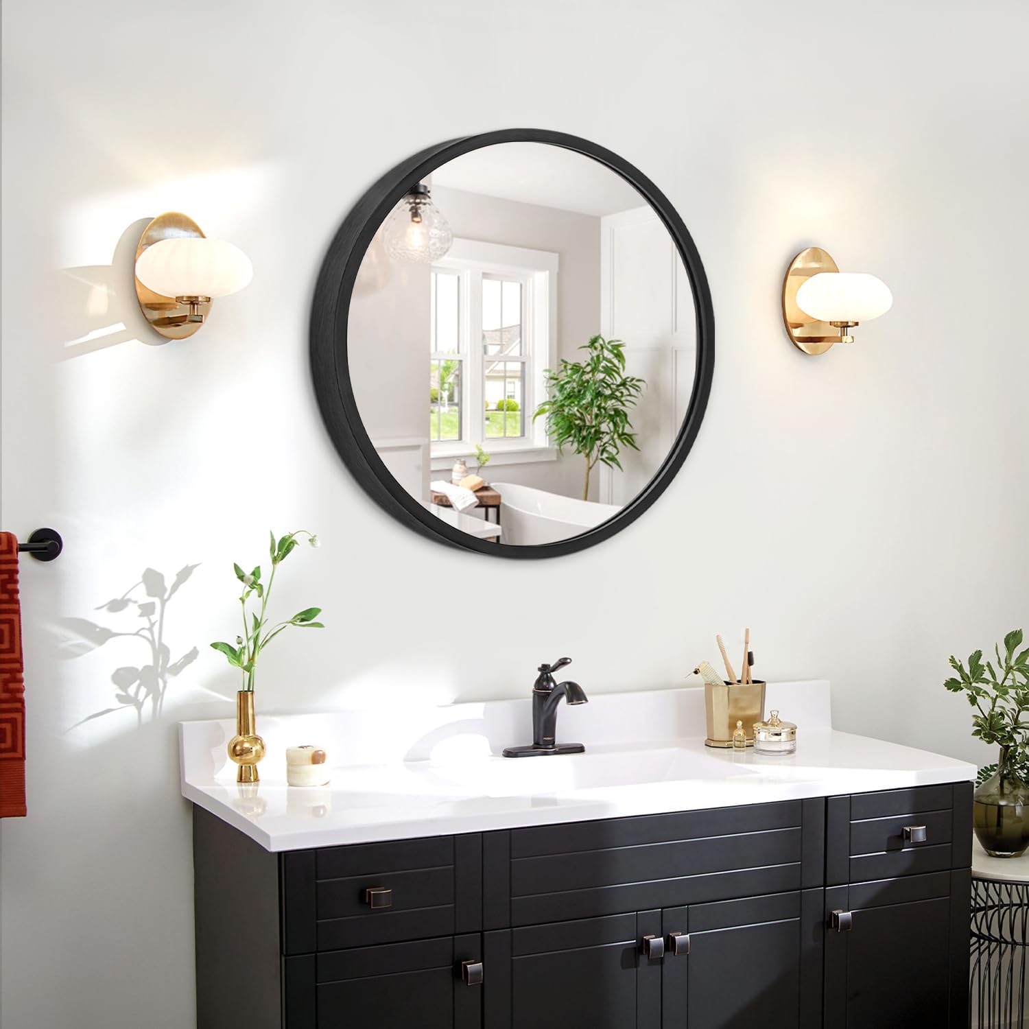 JJUYOU Black Round Framed Mirror - 16" Circle Wall Mirror for Bathroom, Bedroom & Living Room - Modern Aluminum Alloy Metal Frame