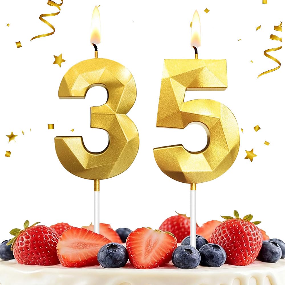 Hlwgfjdy Gold 35Th Birthday Candles Number 35 Cake Topper Happy Birthday Cake Decorations 3D Designed For 35Th Birthday Party, Candles For Birthday Anniversary Celebration Party Supplies