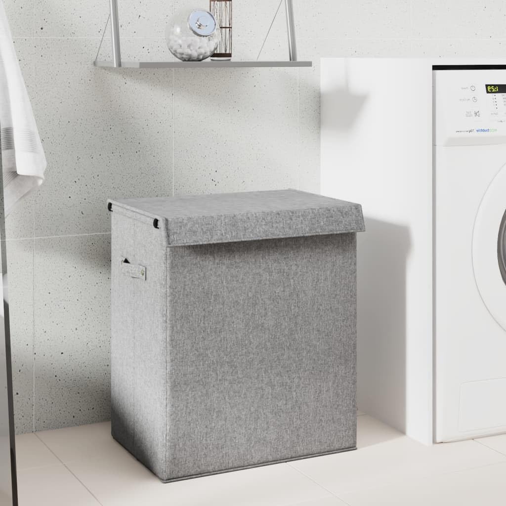 Faltbarer Wäschekorb Grau aus Leinenimitat, 51 x 34,5 x 59 cm, 2 Fächer, Deckel, Tragegriff, Wäschebox für Badezimmer Schlafzimmer Waschküche Ordnung
