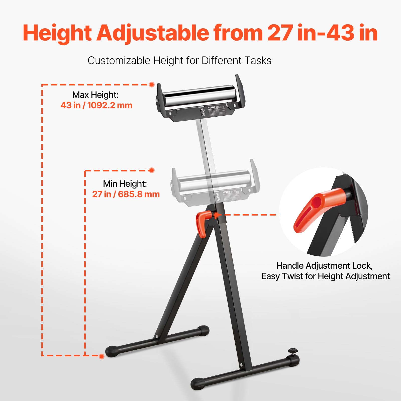 VEVOR 2er-Set Rollenständer, 113kg Tragkraft, höhenverstellbar 68-109cm, klappbarer Arbeitsbock mit Rollenkopf und Kantenführungen aus poliertem Stahl, für Tischkreissägen-Auslauf, Verlängerungsstütze