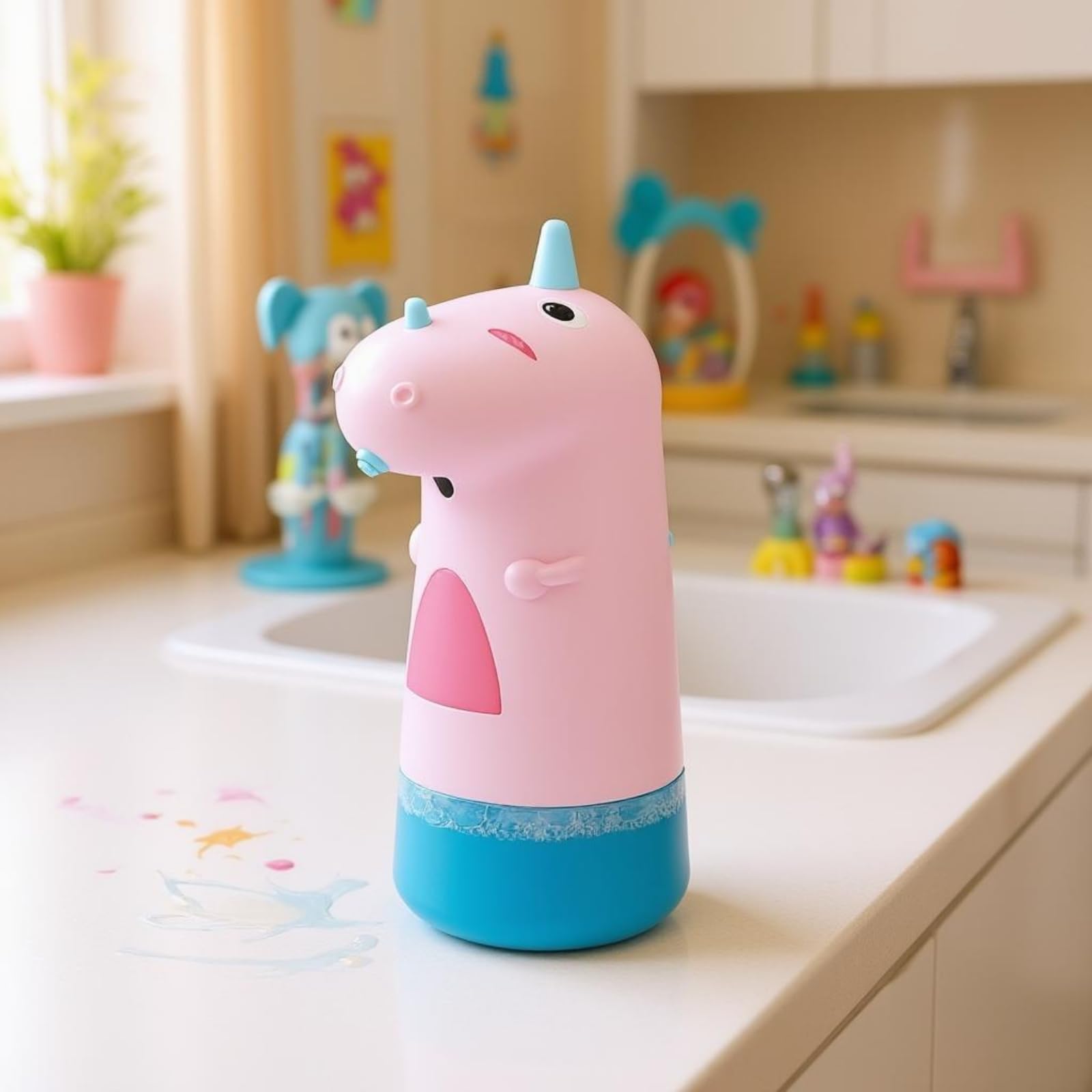rockible Dispenser Schiuma Sapone Cartoon Dispenser Sapone a Sensore Carino per Lavaggio Mani, Rosa, Modello A Batteria