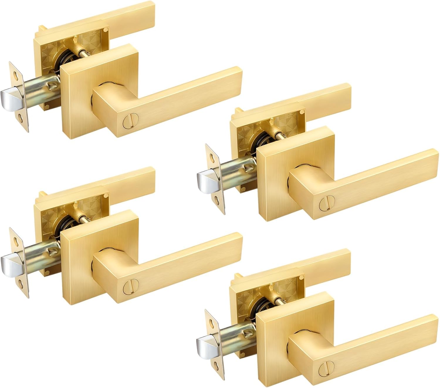 EHOMEWARE 4 Pack Door Knobs Interior Handle Set in Satin Brass Finish, Privacy Bedroom Bathroom Door Lever Set Without Keys, Gold Door Handles 4 Privacy Door Lever