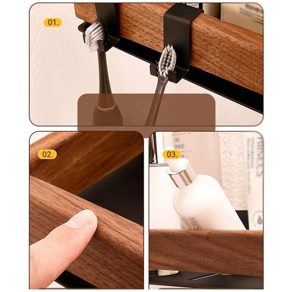Mensole Bagno Portaoggetti da doccia for l'arredo del bagno con doccia interna, organizer rettangolare da parete con corrimano in legno e porta spazzolino Porta Shampoo Doccia(Natural,40cm)