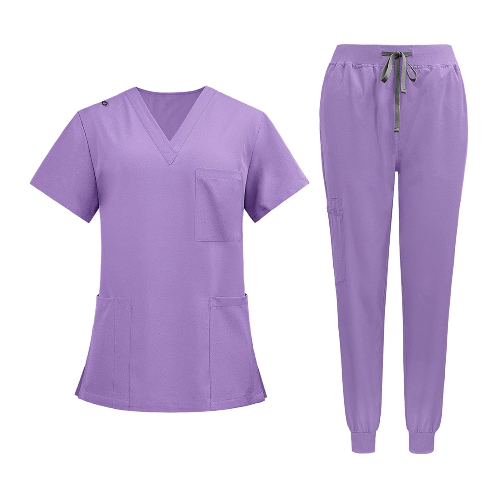 Berufsbekleidung Arbeitsanzug Als Kasack Und Hose Set für Damen in Der Medizin Aus Leichtem Polyester mit Kurzarm Und Mehreren Taschen für Gesund, lila, xL