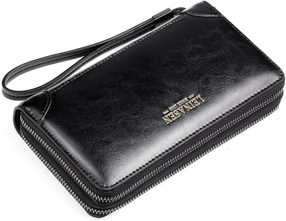 Men Clutch Bag Genuine Leather Business Organizer Checkbook Wallet Purse Wrist Strap