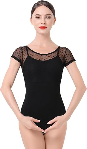 IBAKOM Leotardo de ballet para mujer, de manga corta, leotardos de gimnasia para adultos, disfraz de bailarina de corte alto, leotardo de baile con