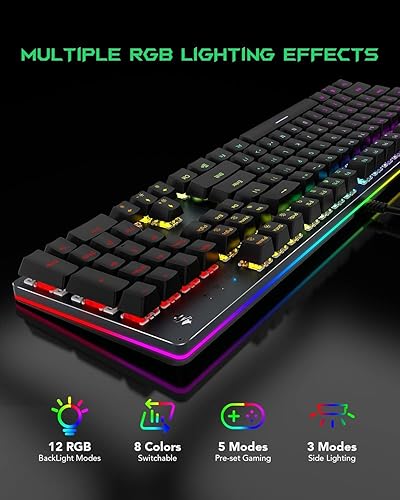 Miniatura 5 de Black Shark Teclado mecánico RGB para juegos con retroiluminación LED, teclado con cable con interruptores rojos, totalmente programable,